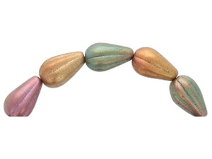 Czech Glass 13 x 8mm Metallic Finish Rainbow Mix Matte Opaque Melon Drop Bead Strand by Raven's Journey Czech Glass 13 x 8mm Metallic Finish Rainbow Mix Matte Opaque Melon Drop Bead Strand by Raven's Journey