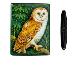 Barn Owl on Black Agate Rectangle Bead Barn Owl on Black Agate Rectangle Bead