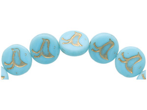 Clearance - Was $8.39 - Czech Glass 12mm Turquoise Sky Blue Opaque with Gold Wash Coin with Bird Bead Strand by Raven's Journey Clearance - Was $8.39 - Czech Glass 12mm Turquoise Sky Blue Opaque with Gold Wash Coin with Bird Bead Strand by Raven's Journey