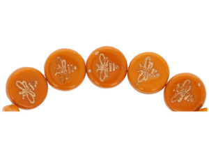 Czech Glass 12mm Pressed Coin with Bee Mustard Orange Opaque Gold Wash Bead Strand by Raven's Journey Czech Glass 12mm Pressed Coin with Bee Mustard Orange Opaque Gold Wash Bead Strand by Raven's Journey