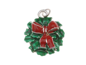 Silver Plated Green Red Enamel Christmas Wreath Charm 18mm (1 Piece) Silver Plated Green Red Enamel Christmas Wreath Charm 18mm (1 Piece)