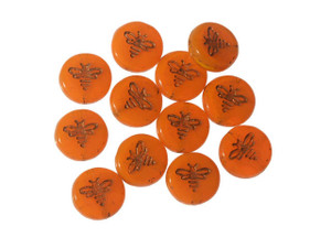 Czech Glass Beads, Pressed Coin with Bee 12mm, Orange Opaline with Dark Bronze Wash, by Raven's Journey (1 Strand) Czech Glass Beads, Pressed Coin with Bee 12mm, Orange Opaline with Dark Bronze Wash, by Raven's Journey (1 Strand)