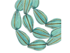 Czech Glass Beads, Melon Drop 13x8mm, Aqua Blue Opaline with Gold Wash, by Raven's Journey (1 Strand)