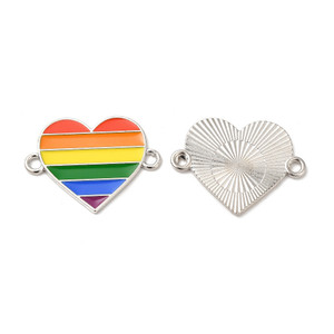 Platinum Enamel Heart Connector, Rainbow, 27mm