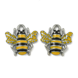 Platinum Enamel Bee Charm, Yellow, 18mm