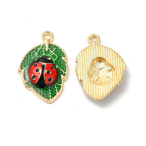 Gold Enamel Leaf with Ladybug Charm, Green, 23mm