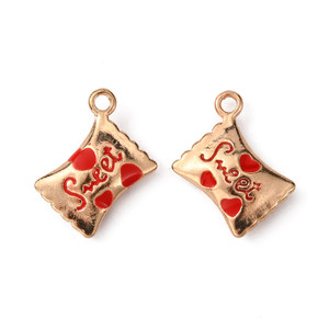 Light Gold Enamel Candy Charm with “Sweet” & Heart, Red, 19mm