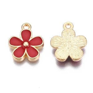 Light Gold Enamel Flower Charm, Firebrick Red, 16mm