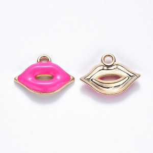 Light Gold Enamel Lips Charm, Deep Pink, 18mm