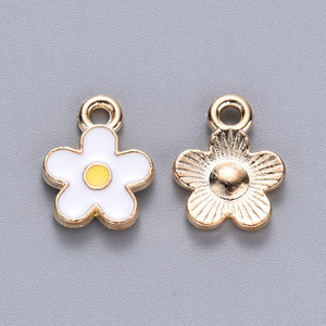 Light Gold Enamel Flower Charm with Rhinestone Setting, White, 13mm