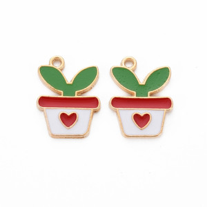 Light Gold Enamel Potted Plant Charm with Heart & Leaf, White, 18mm