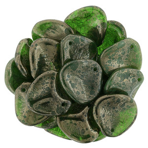 Czech Glass 14 x 13mm Milky Emerald - Moon Dust Rose Petal Bead Strand (25pcs)
