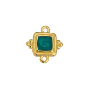 24K Gold Plated Ethnic Square Motif Connector with Green Enamel, 14.6x15.3mm