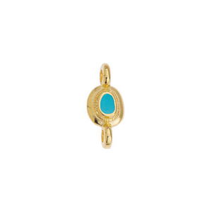 24K Gold Plated Ethnic Round Motif Connector with Aqua Enamel, 14.6x6.3mm