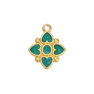 24K Gold Plated Flower Motif Charm with Four Hearts and Green Pearl Enamel, 14.4x17.5mm