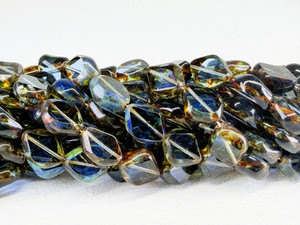 Vintage Czech Glass Table Cut Funky Nugget Bead, Sapphire Picasso