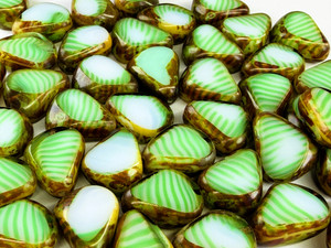 Vintage Czech Glass Table Cut Drop Nugget Bead, Green & White Picasso
