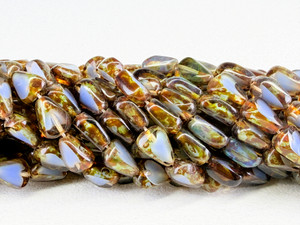 Vintage Czech Glass Table Cut Drop Nugget Bead, Milky Sapphire Picasso