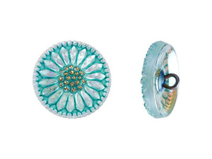 Czech Glass 18mm Aqua Iridescent with Gold Finish Round Sunflower Button by Raven's Journey Czech Glass 18mm Aqua Iridescent with Gold Finish Round Sunflower Button by Raven's Journey