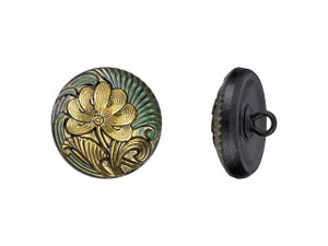 Czech Glass 18mm Round Flower Design Tourmaline Green Antiqued with Gold Paint Glass Button by Raven's Journey Czech Glass 18mm Round Flower Design Tourmaline Green Antiqued with Gold Paint Glass Button by Raven's Journey