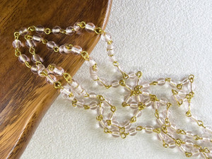 4mm Czech Glass Light Rosaline Round Beaded Chain, Gold-Plated Chain, 39"