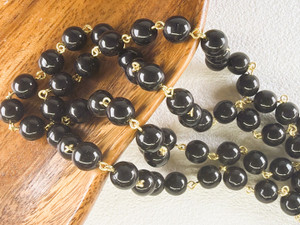 8mm Czech Glass Black Round Beaded Chain, Bronze Chain, 39"