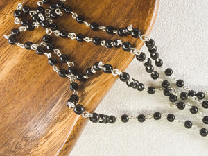4mm Czech Glass Black Round Beaded Chain, Silver-Plated Chain, 39"
