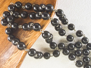 8mm Czech Glass Black Round Beaded Chain, Antique Silver Chain, 39"