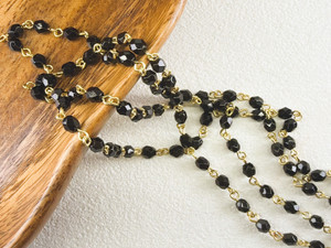 4mm Czech Glass Jet l Fire-Polish Beaded Chain, Gold-Plated Chain, 39"