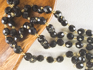 8mm Czech Glass Jet Fire-Polish Beaded Chain, Gold-Plated Chain, 39"