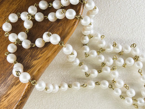 6mm Czech Glass Snow Pearl Beaded Chain, Bronze Chain, 39"