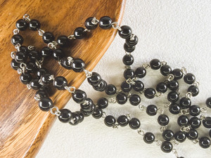 6mm Czech Glass Black Round Beaded Chain, Gold-Plated Chain, 39"