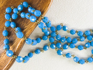6mm Czech Glass Blue Turquoise Fire-Polish Beaded Chain, Bronze Chain, 39"