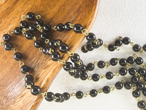 6mm Czech Glass Black Round Beaded Chain, Bronze Chain, 39"