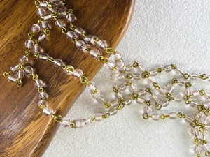 4mm Czech Glass Light Rosaline Round Beaded Chain, Gold-Plated Chain, 39"