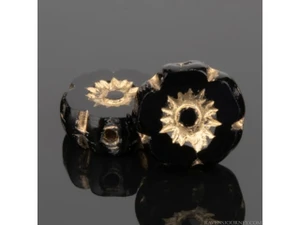 Czech Glass 7mm Jet Black Opaque with Gold Wash Hibiscus Flower Bead Strand by Raven's Journey
