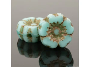 Czech Glass Hibiscus Flower (7mm) Turquoise Opaque Vaseline Silk with Dark Bronze Wash Bead Strand by Raven's Journey