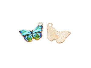 Dark Turquoise Butterfly Pendant, Light Gold Finish, 20x15mm