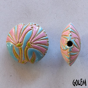 Golem Design Studio Pink and Aqua Carnations Medium Lentil Bead