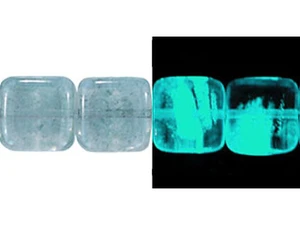Czech Flat Squares 9mm : Glow in the Dark Luster Transparent Blue (strand) by Starman