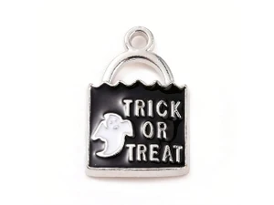 Platinum-Finish Trick or Treat Ghost Lock Enamel Charm 24x15.5mm