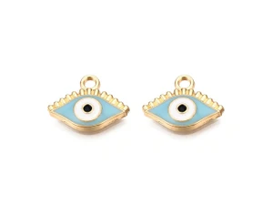 Light Gold Cyan Evil Eye Enamel Pendant 16x12mm
