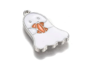 Platinum-Finish White Ghost with Pumpkin Enamel Charm 22x15mm