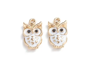Golden and White Owl Enamel Charm 20x11mm