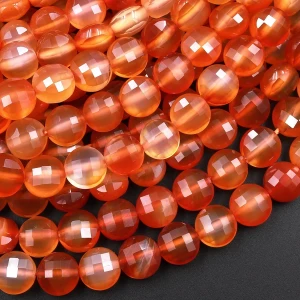 Natural Carnelian Orange-Red 10mm Faceted Coin Bead Strand