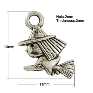 Antique Silver Flying Witch on Broom Charm 13x11mm (6 Pieces)