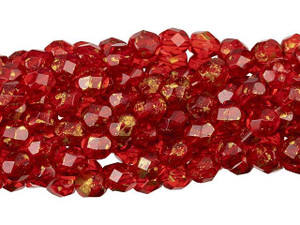 Czech Glass 6mm Gold Marbled - Siam Ruby Fire-Polish Bead Strand by Starman Czech Glass 6mm Gold Marbled - Siam Ruby Fire-Polish Bead Strand by Starman