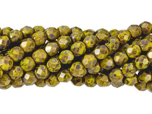 Czech Glass 6mm Opaque Yellow - Copper Picasso Fire-Polish Bead Strand by Starman Czech Glass 6mm Opaque Yellow - Copper Picasso Fire-Polish Bead Strand by Starman