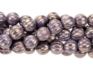 Czech Glass 8mm Gold Marbled Opaque Amethyst Melon Bead Strand by Starman Czech Glass 8mm Gold Marbled Opaque Amethyst Melon Bead Strand by Starman