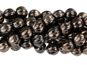 Czech Glass 8mm Jet Marbled Dark Bronze Melon Bead Strand by Starman Czech Glass 8mm Jet Marbled Dark Bronze Melon Bead Strand by Starman